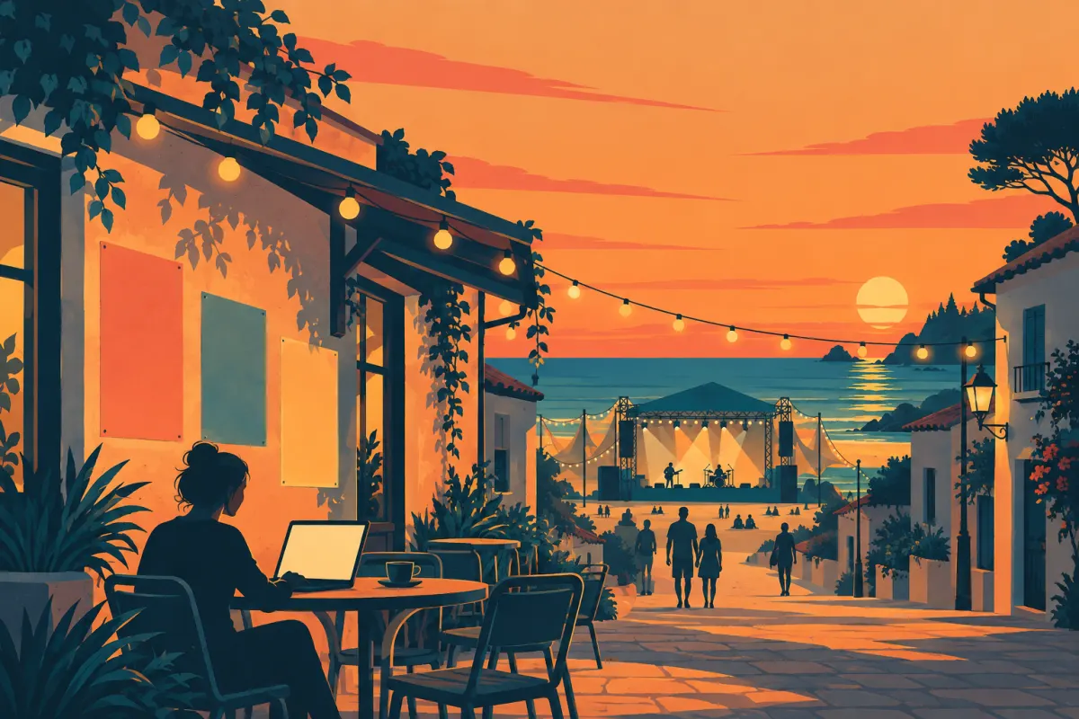 Alguien mirando la web de un festival en un portátil en un café junto al mar