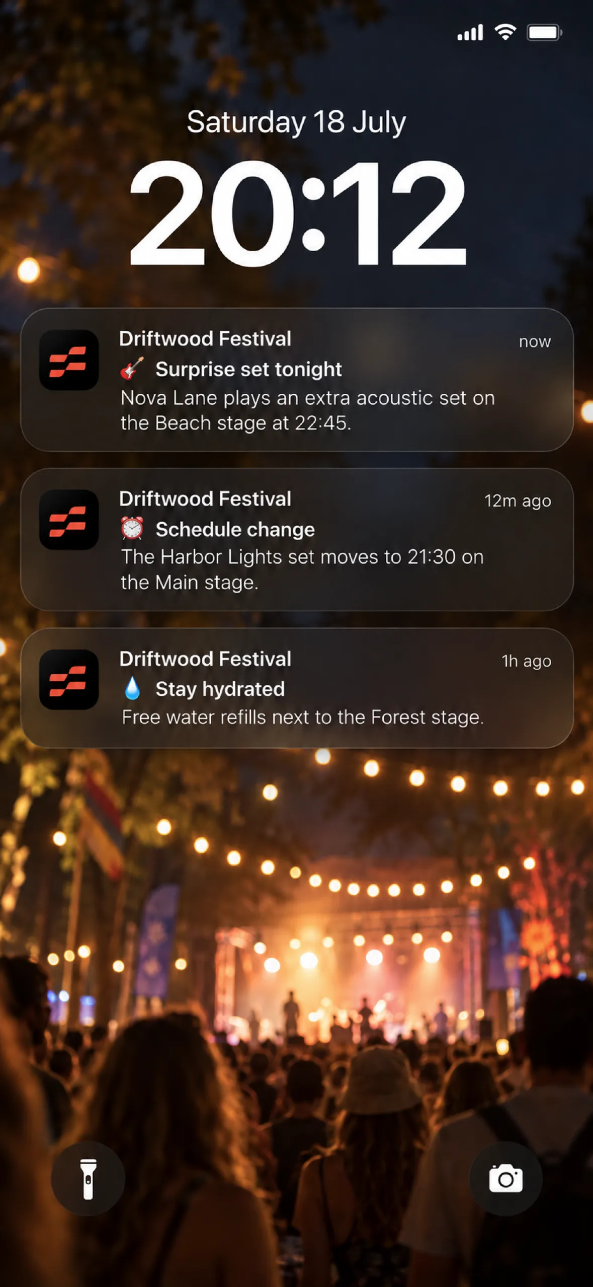 Notificaciones del festival en la pantalla de bloqueo de un móvil
