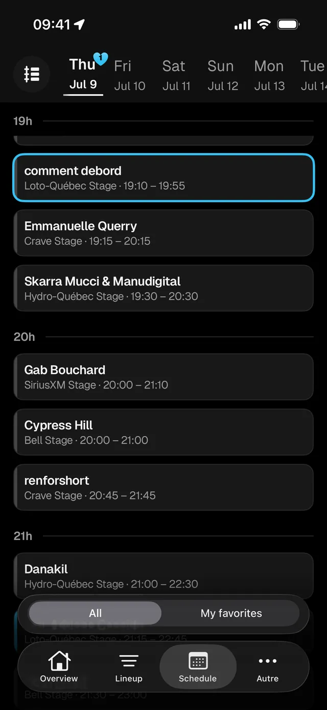 Los horarios de un festival listados por hora