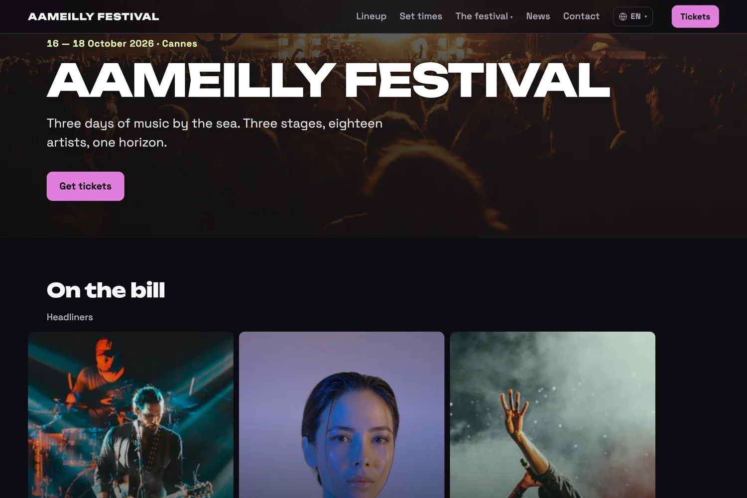 La página de inicio de una web de festival creada con FEST, con su cartel