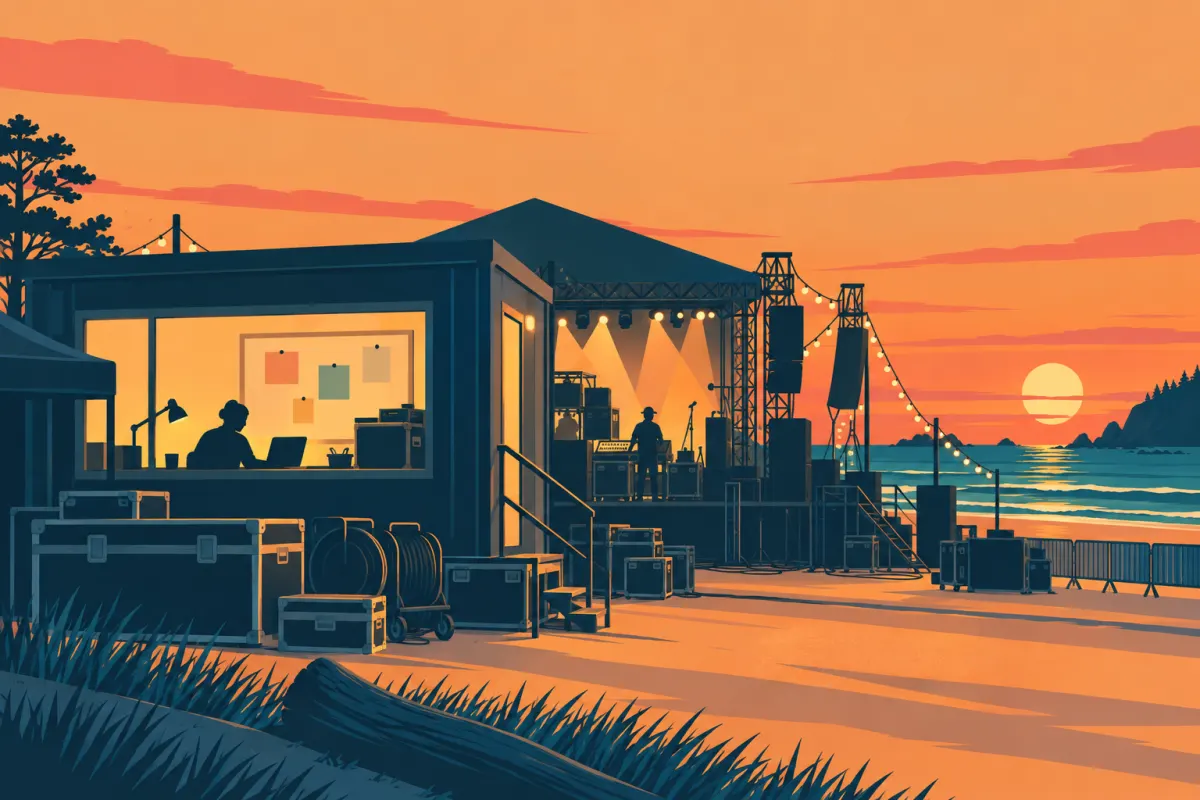 Una oficina de producción junto a un escenario de festival al atardecer